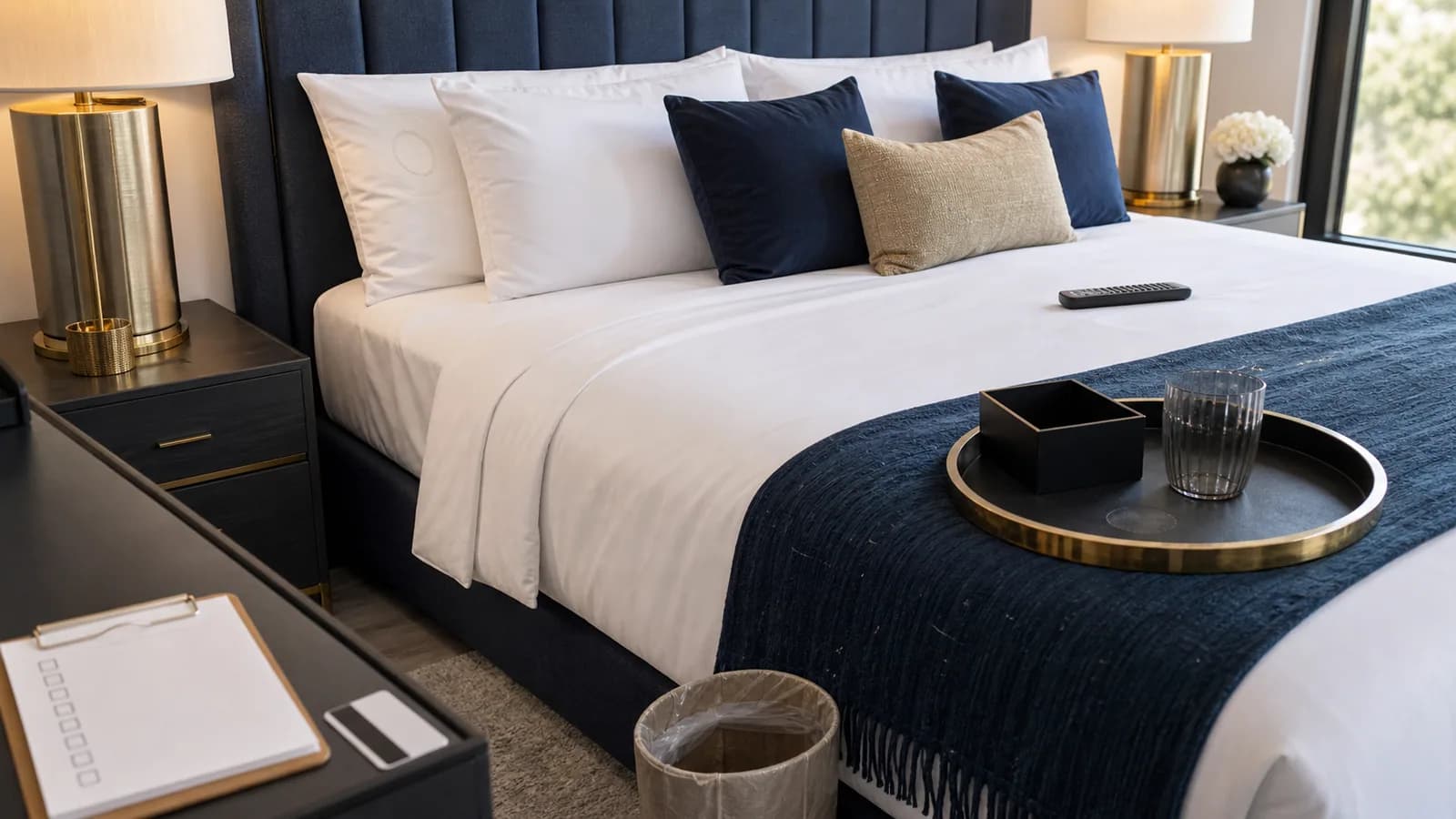 Premium short-stay bedroom with subtle turnover details ready for a host inspection
