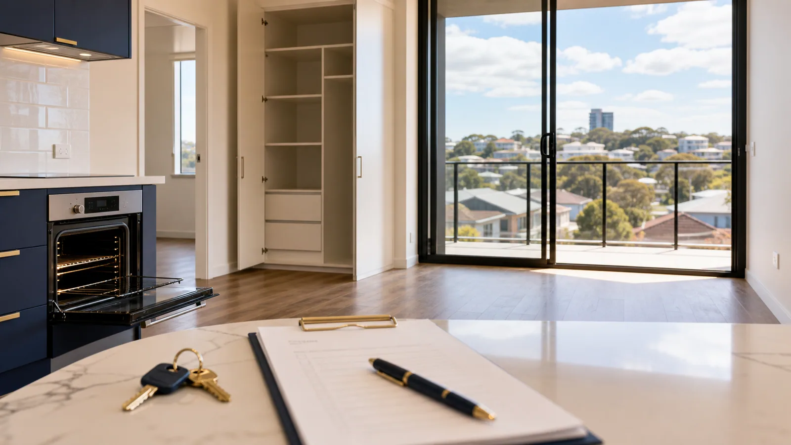 Empty NSW rental with open storage, clean oven, keys and a handover checklist