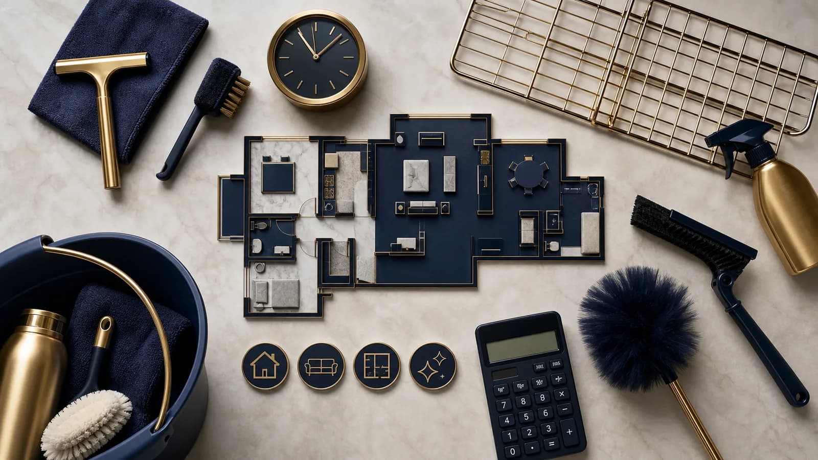 Cleaning tools, room plan and scope cues explaining Sydney house-cleaning costs