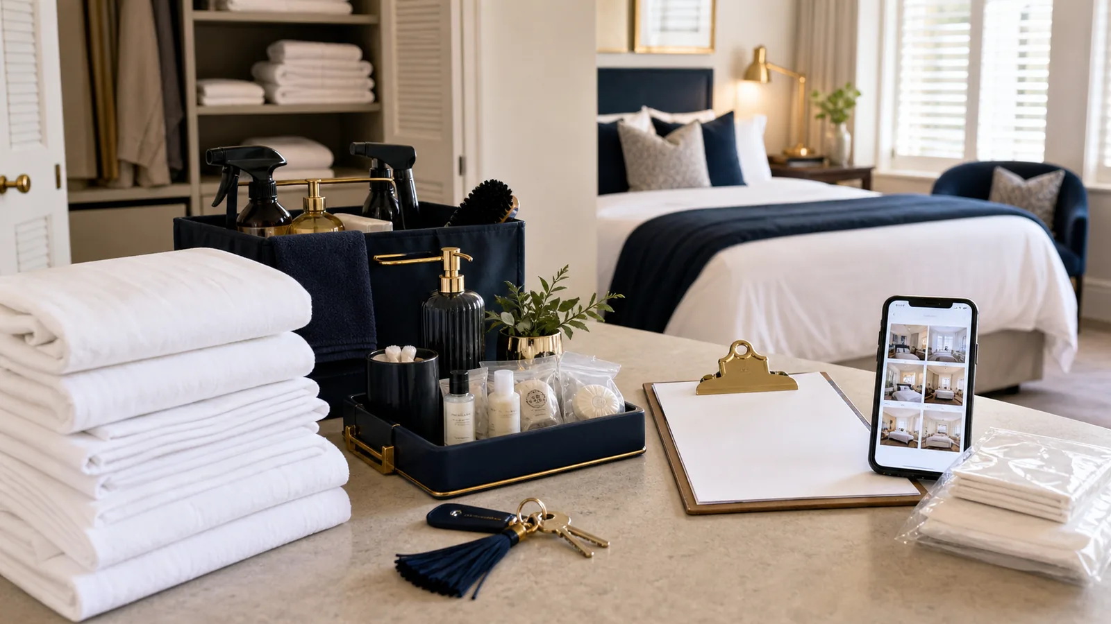 Airbnb turnover control station with linen, restocking, checklist and photo handover cues
