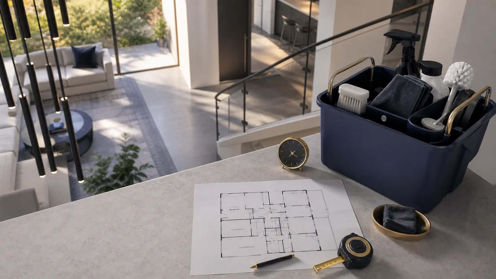 Cleaning equipment, room plan and timing cues used to scope a premium Liverpool home clean