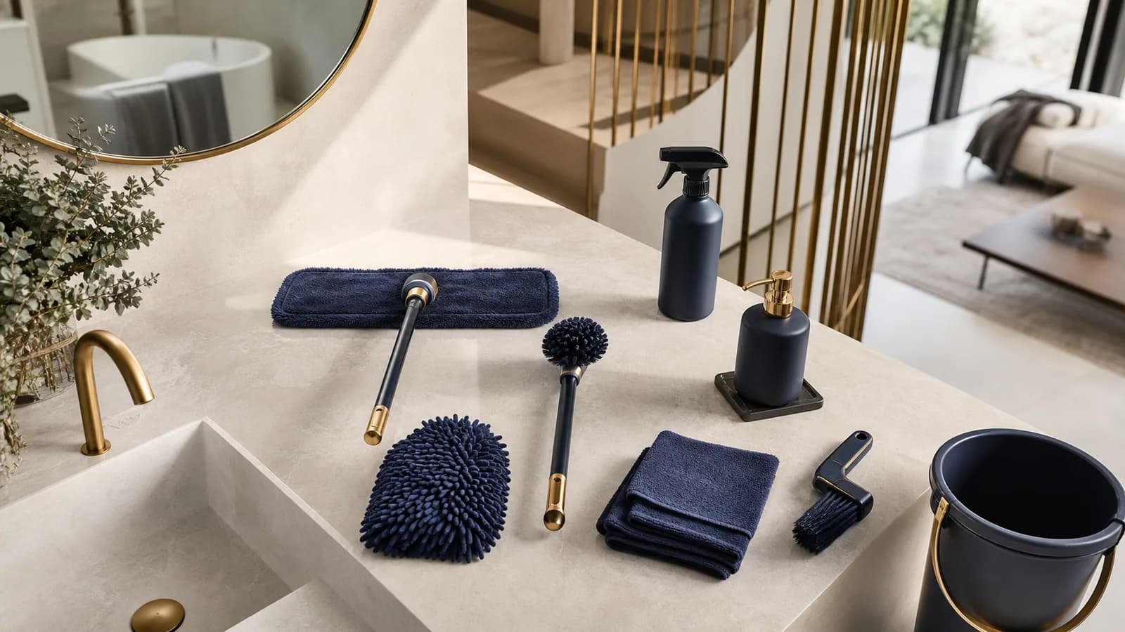 Premium navy cleaning tools arranged across a finished architectural home