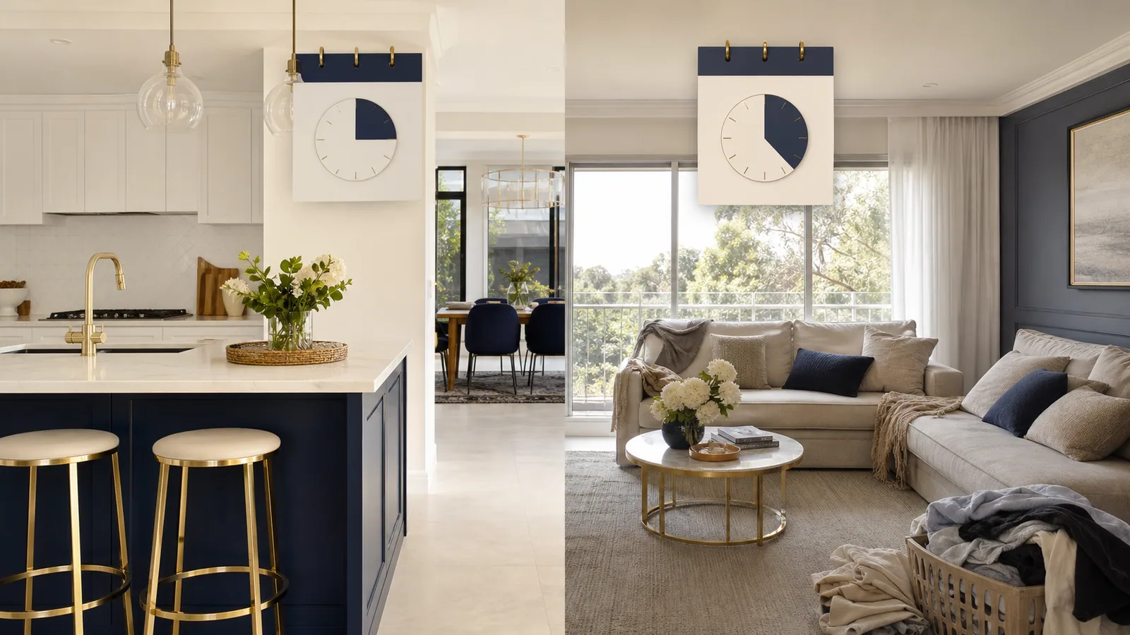 Two maintained home rhythms illustrating weekly and fortnightly cleaning